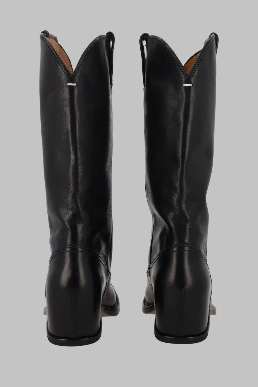 Maison Margiela women’s stivale western heel less black leather cowboy boots with glossy finish and square toes