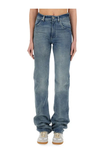 Maison Margiela women’s high-waisted straight-leg denim jeans in medium blue wash with subtle fading and whiskering details