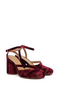 Maison Margiela women’s tabi chenille sandal red burgundy velvet ankle strap heels with chunky block heel and crisscross detail