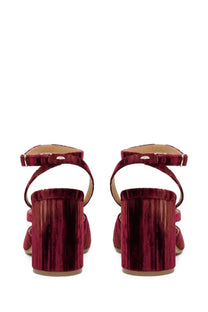 Maison Margiela women’s tabi chenille sandal in red burgundy velvet with a ribbed texture and ankle strap design