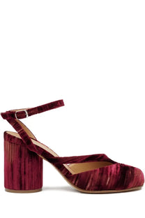 Maison Margiela women’s tabi chenille sandal red deep burgundy velvet ankle-strap pump with ribbed block heel
