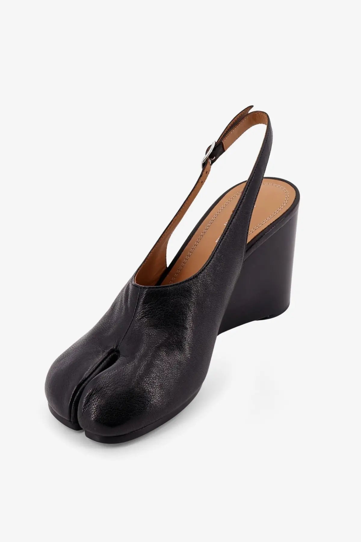 Maison Margiela women’s tabi black leather slingback pump with chunky wedge heel shown from the back side