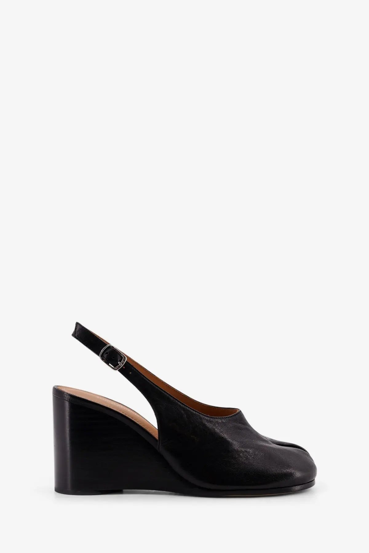 Maison Margiela women’s tabi black leather wedge sandal with distinctive toe seam and adjustable ankle strap