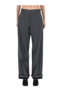 Maison Margiela women’s tailored dark gray wide-leg trousers with subtle textured weave and black trim cuffs