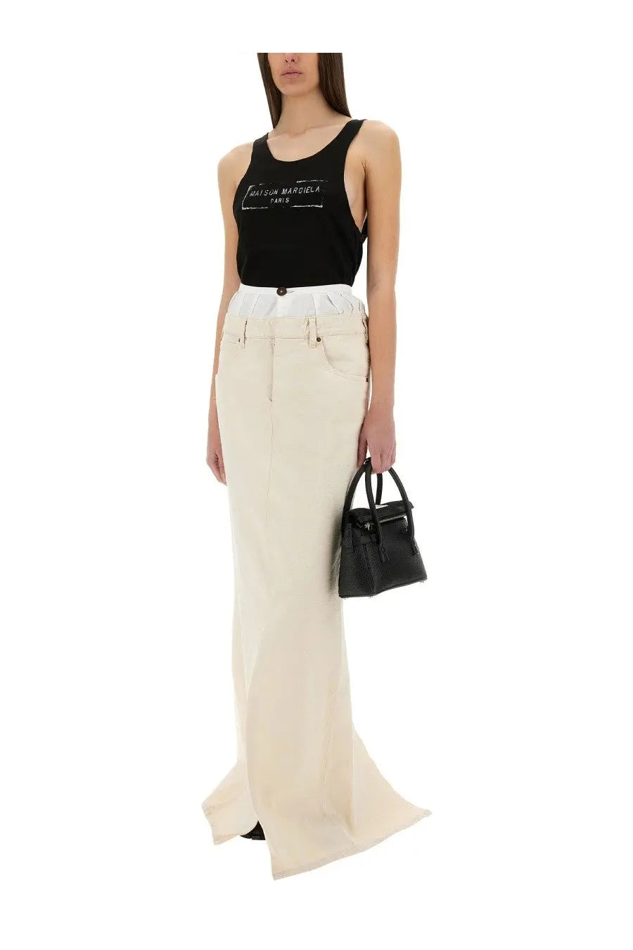 Cream-colored high-waisted wide-leg tailored trousers with subtle pleats at waistband for womens wear