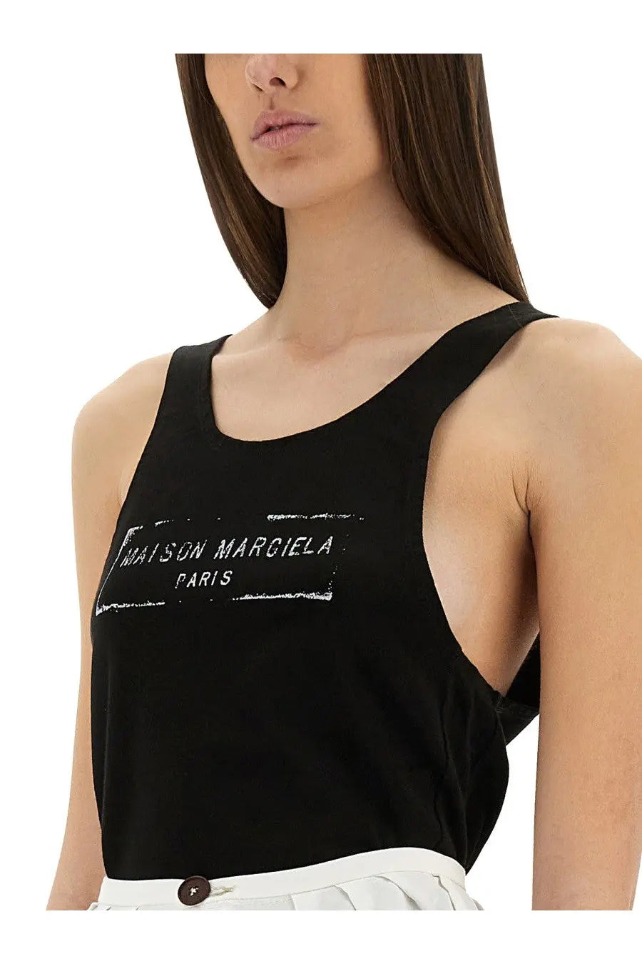 Maison Margiela women’s black tank top featuring a distressed white logo print on soft fabric for casual wear