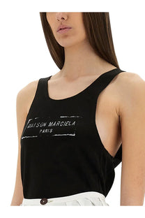 Maison Margiela women’s black tank top featuring a distressed white logo print on soft fabric for casual wear