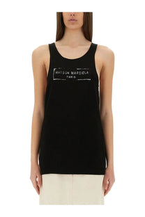 Maison Margiela women’s black tank top with white rectangular logo print made from soft cotton fabric