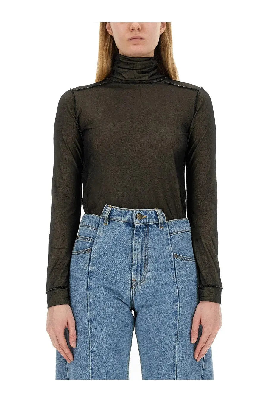 Maison Margiela women’s black sheer long-sleeved turtleneck bodysuit with structured textured fabric and reinforced shoulders