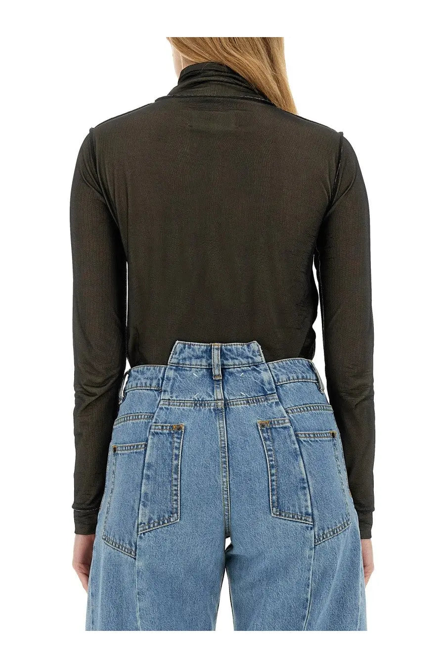 Maison Margiela women’s black sheer long-sleeved turtleneck bodysuit with high neckline in sheer fabric