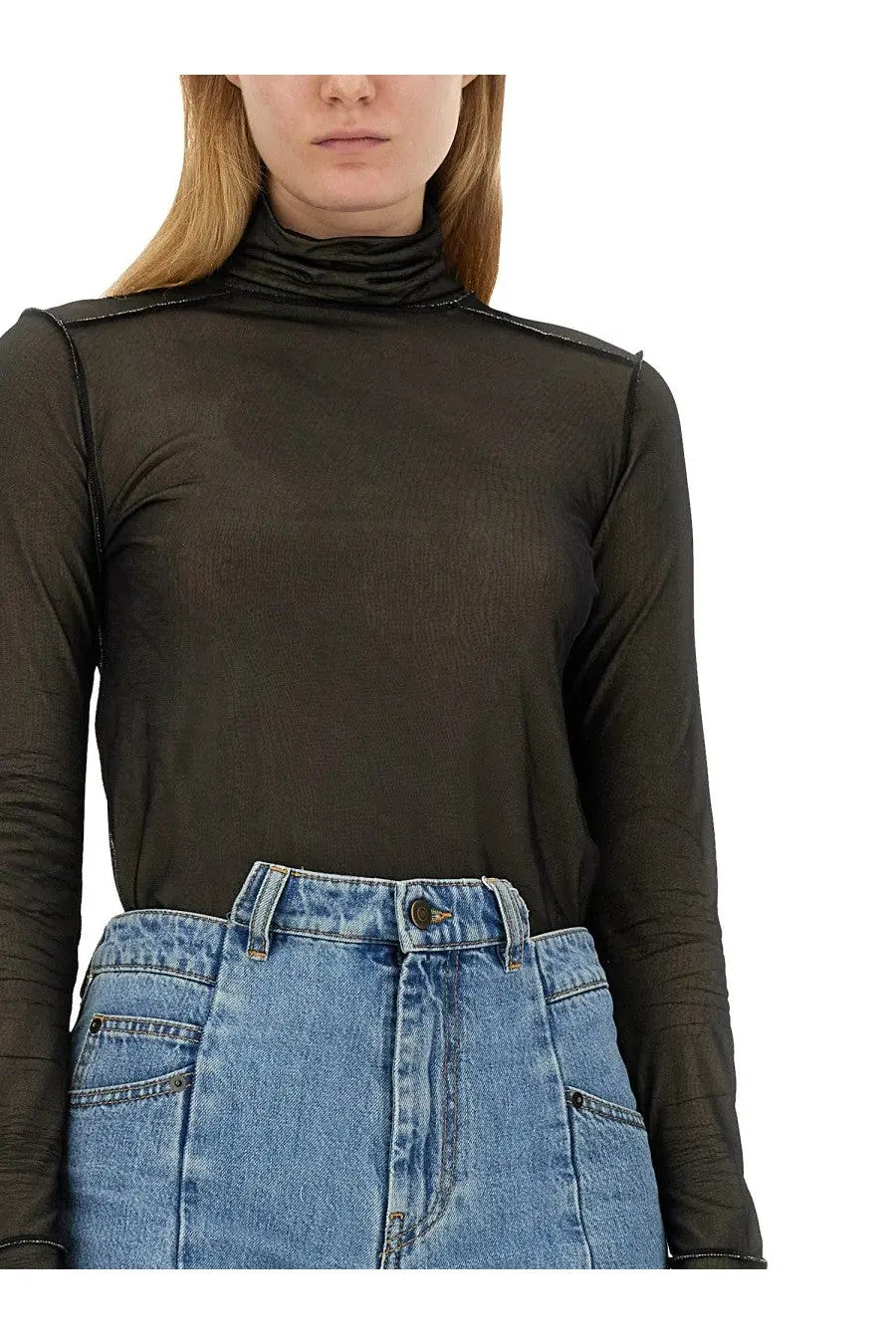 Maison Margiela women’s black sheer turtleneck bodysuit with reinforced fabric shoulders and sleeves