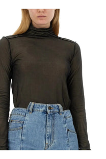 Maison Margiela women’s black sheer turtleneck bodysuit with reinforced fabric shoulders and sleeves