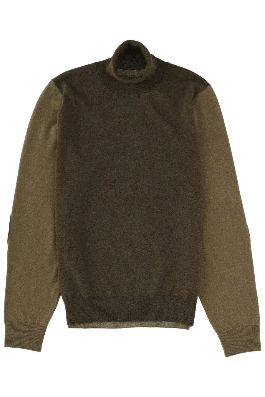Maison Margiela womens olive green and khaki two tone ribbed jersey turtleneck sweater with cuffs and hem