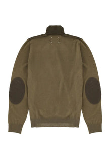 Maison Margiela women’s olive green knit sweater with dark brown elbow patches and matching ribbed collar