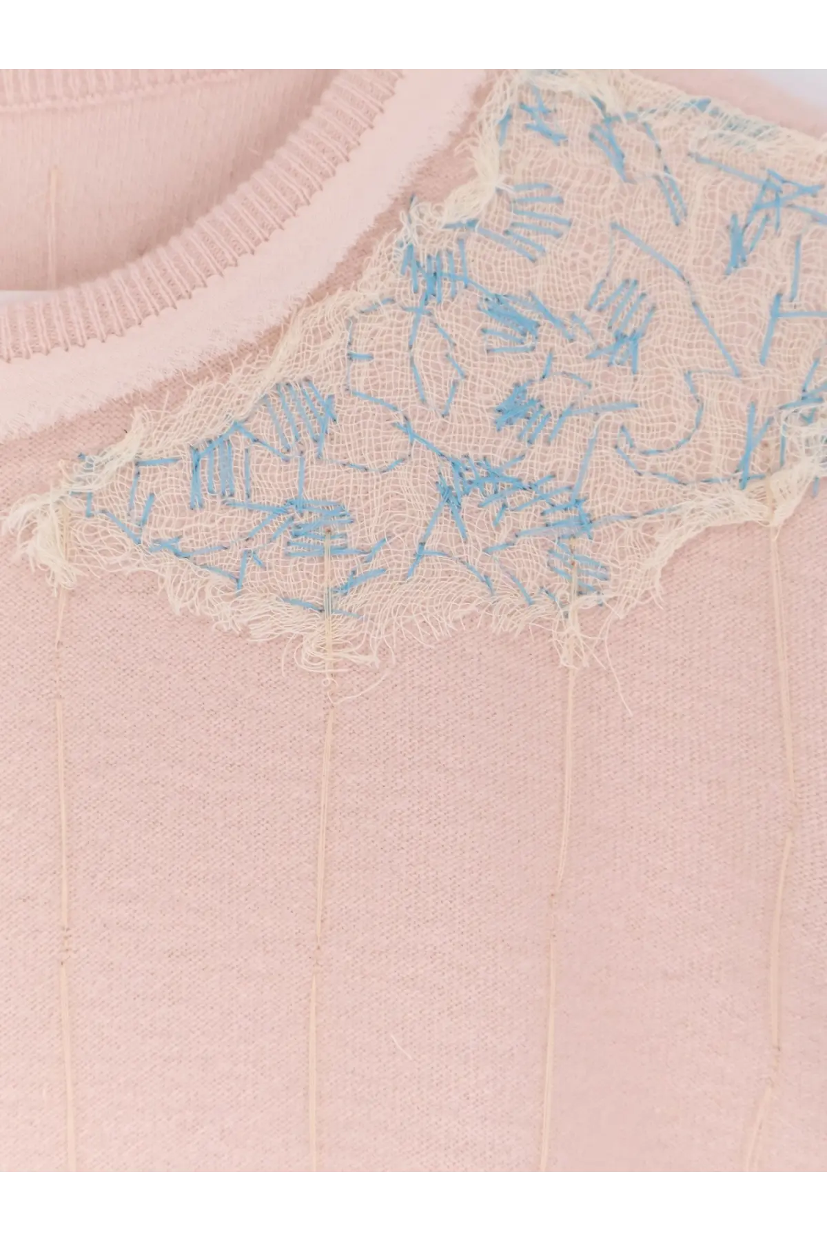 Maison Margiela women’s pale pink virgin wool sweater with frayed lace collar and light blue embroidery