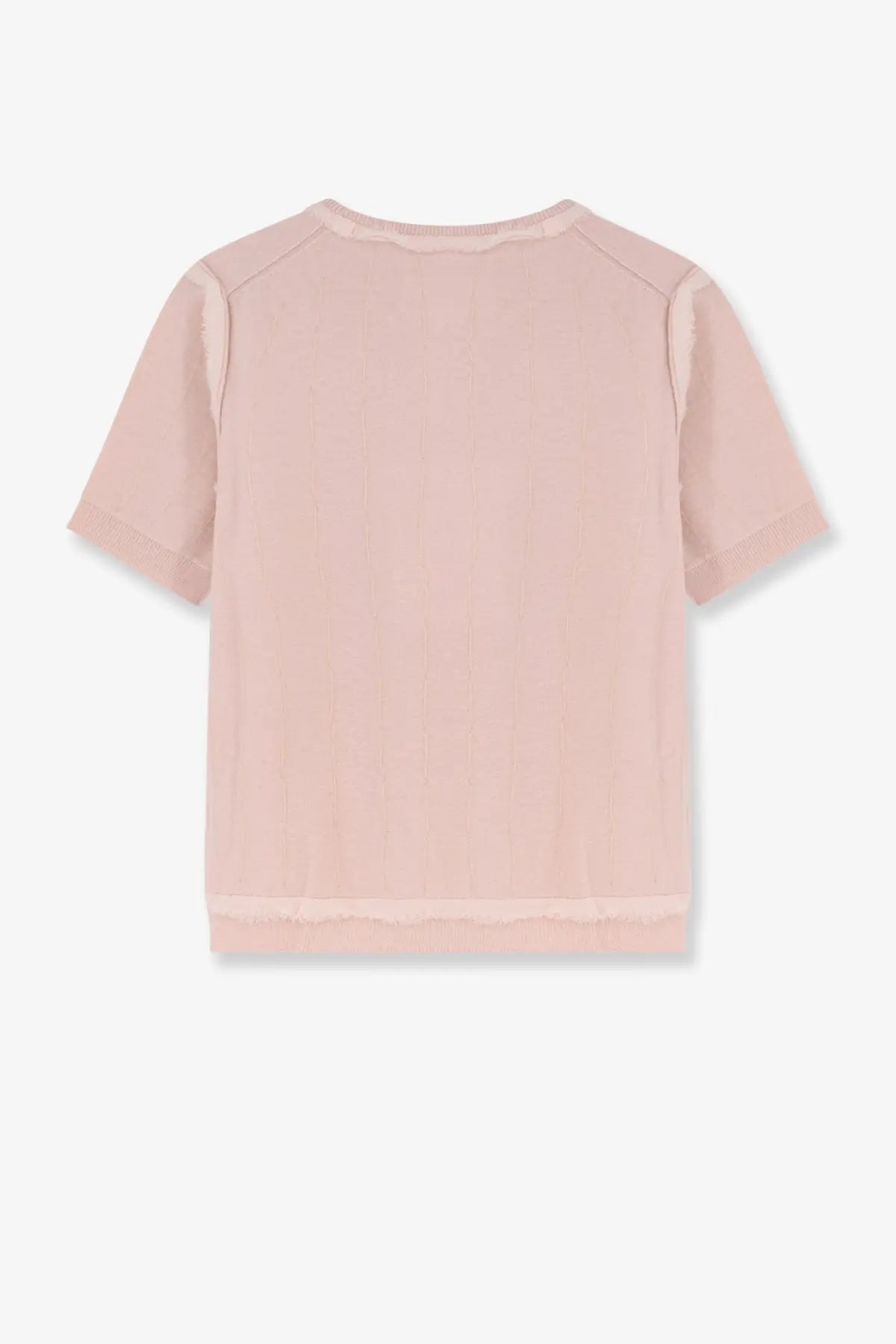 Maison margiela women’s blue virgin wool sweater with soft blush pink short sleeves and ribbed neckline and hem