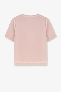 Maison margiela women’s blue virgin wool sweater with soft blush pink short sleeves and ribbed neckline and hem