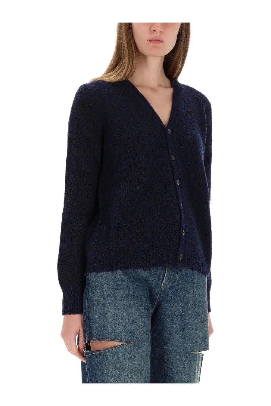Maison Margiela women’s navy blue wool knit cardigan with button closure for stylish layering