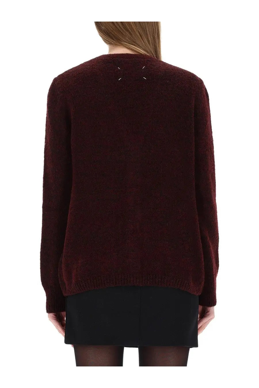 Maison Margiela women’s wool cardigan in deep burgundy knit with textured surface and subtle neckline stitching details