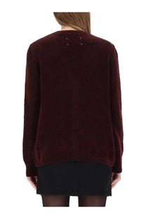 Maison Margiela women’s wool cardigan in deep burgundy knit with textured surface and subtle neckline stitching details