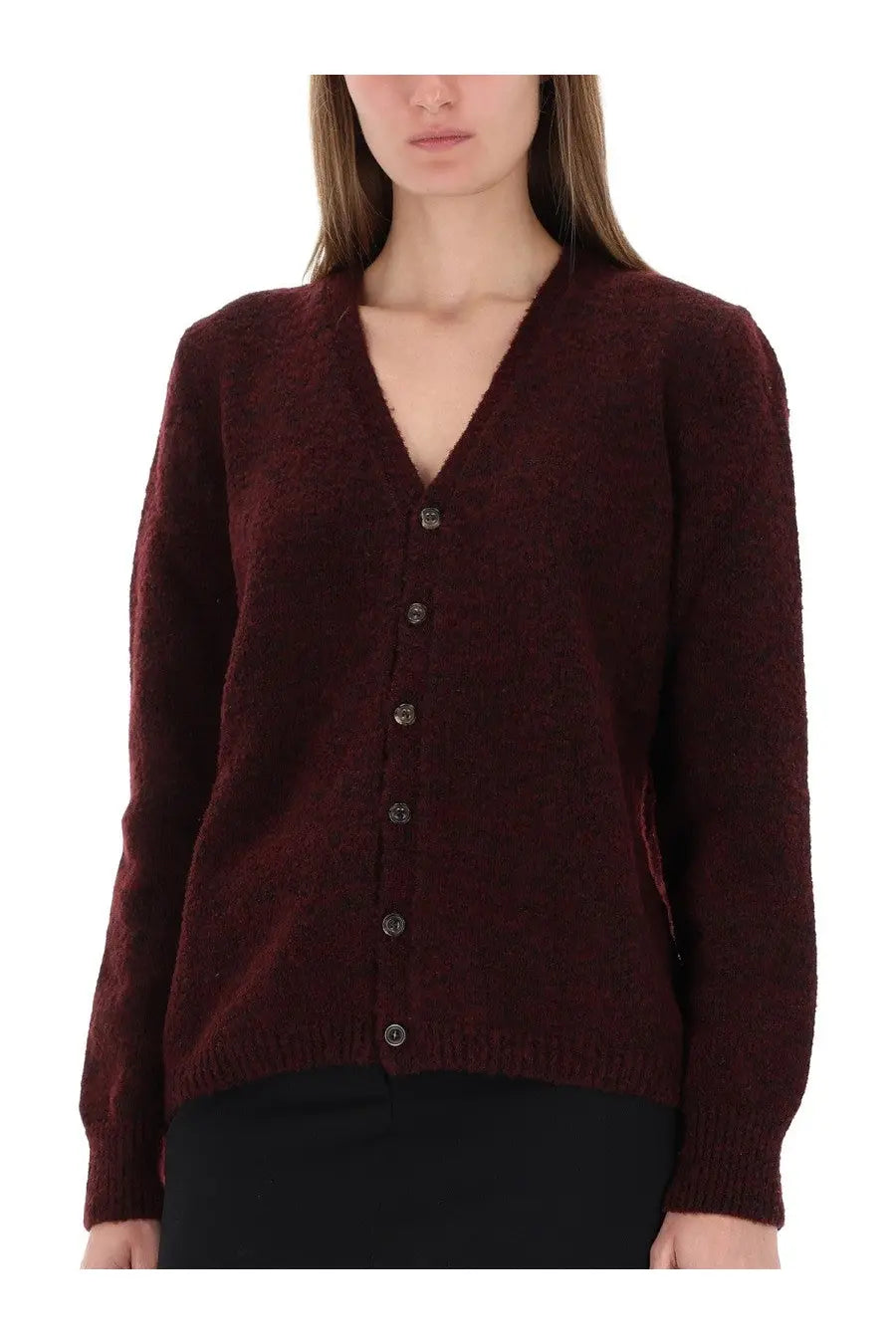 Maison Margiela women’s wool cardigan in rich burgundy with textured knit v-neck and button closure