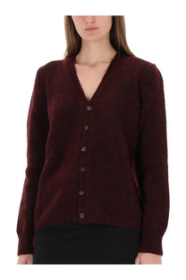 Maison Margiela women’s wool cardigan in rich burgundy with textured knit v-neck and button closure