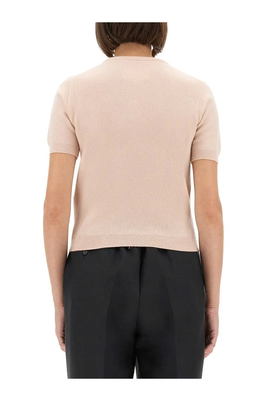 Maison margiela women’s wool crew neck shirt blue shown as soft blush pink short-sleeved knit top with ribbed neckline and hem