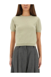 Maison Margiela women’s wool crew neck shirt in soft sage green with short sleeves and ribbed hem and cuffs