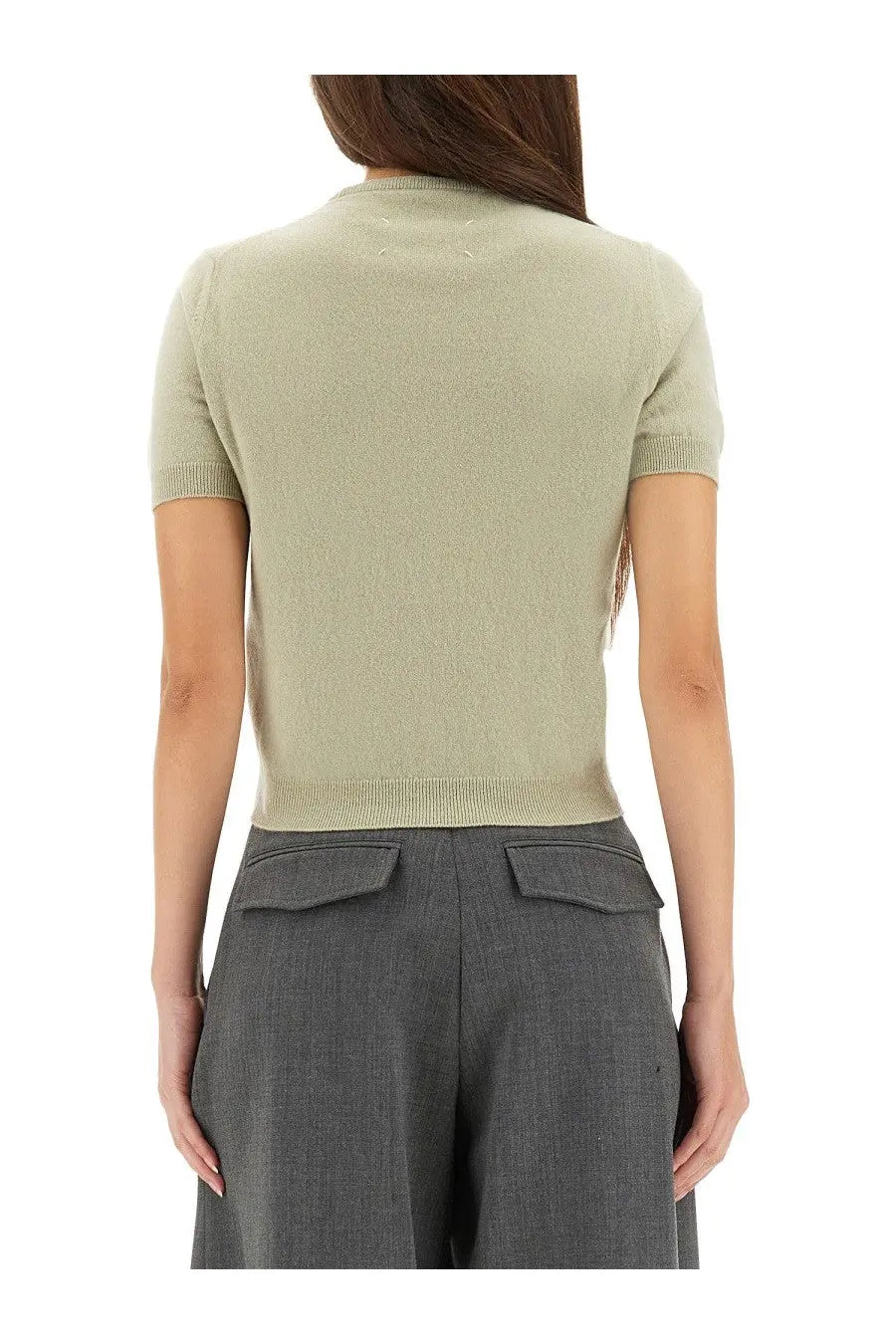 Maison Margiela women’s wool short-sleeved crew neck shirt in soft sage green with ribbed neckline and hem