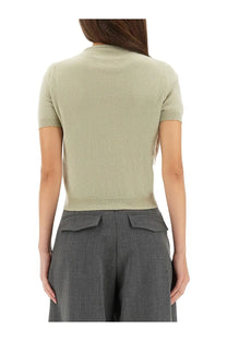 Maison Margiela women’s wool short-sleeved crew neck shirt in soft sage green with ribbed neckline and hem