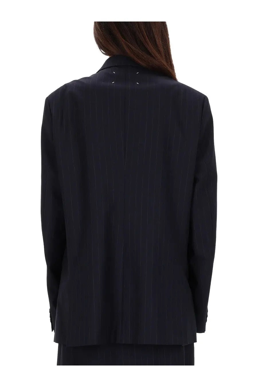 Maison Margiela women’s blue wool blazer with subtle pinstripes and silver rivets along the collar