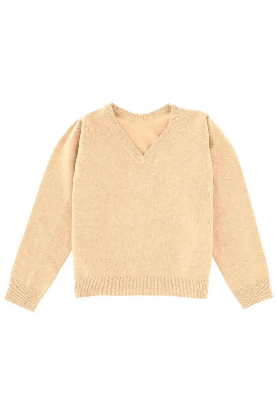 Maison Margiela women’s beige wool jersey v-neck knit sweater with ribbed cuffs and hem