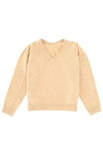 Maison Margiela women’s beige wool jersey v-neck knit sweater with ribbed cuffs and hem