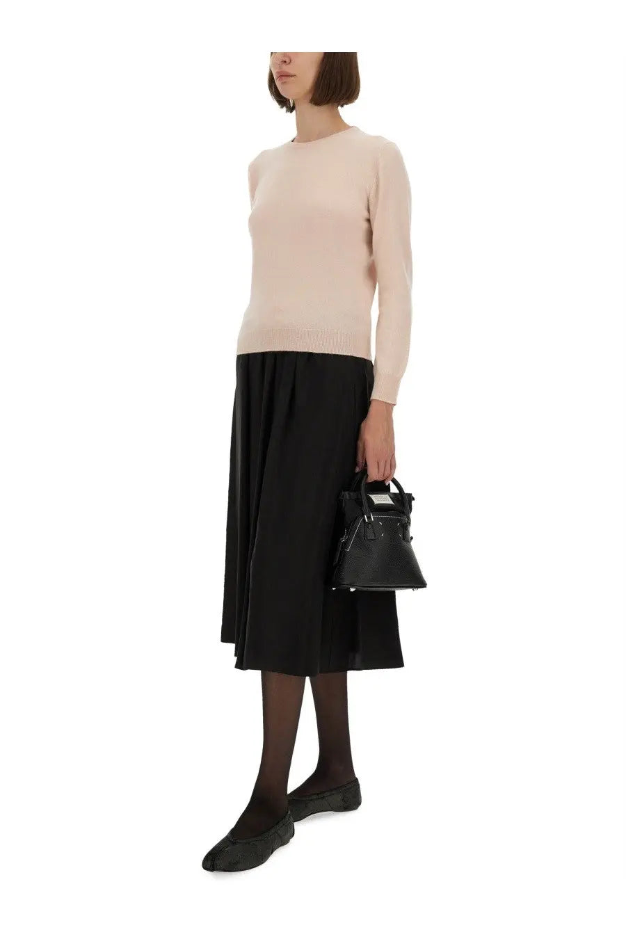 Black leather mini handbag with structured triangular shape and top handles from maison margiela women’s wool jersey blue collection