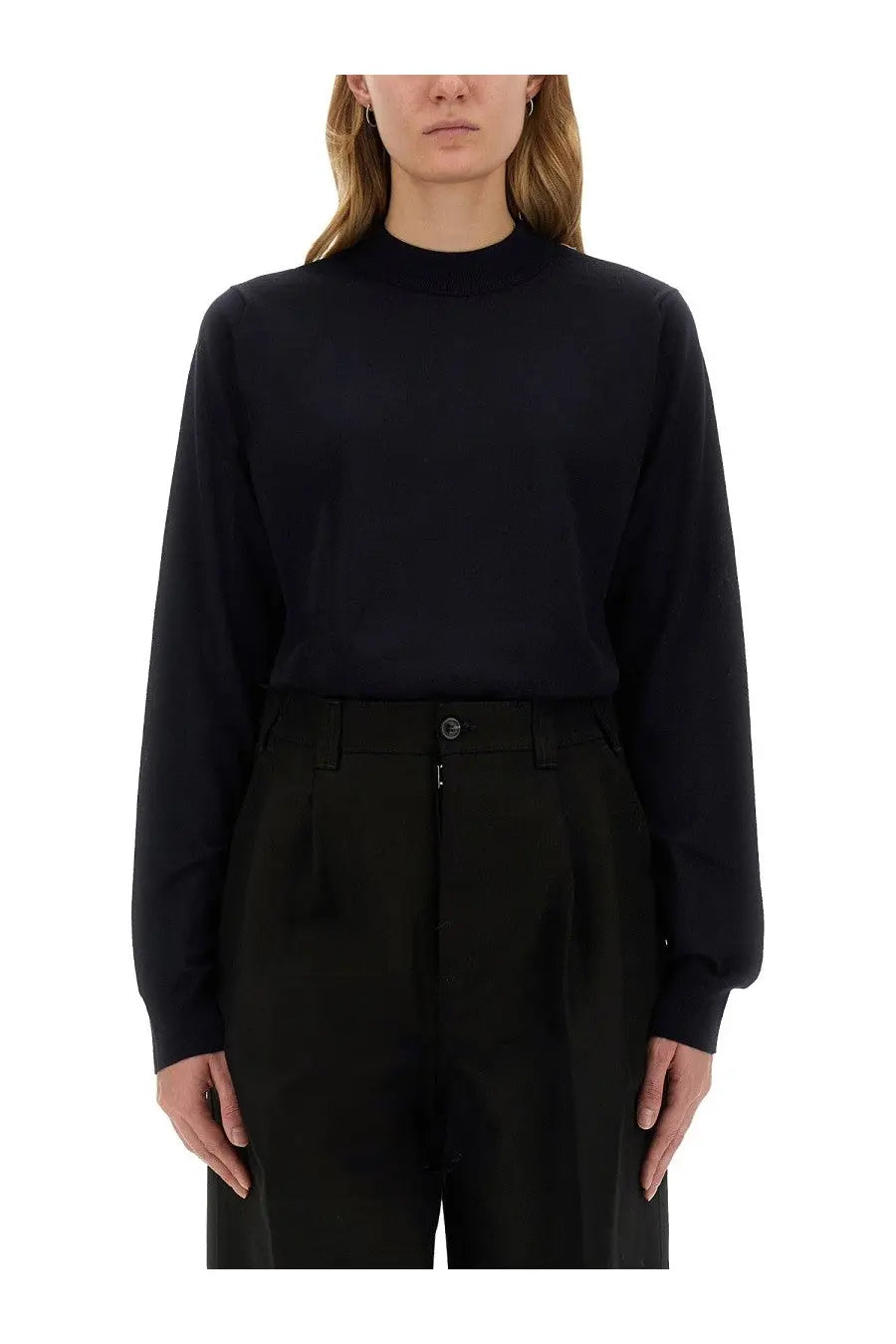 Black long-sleeved turtleneck top with smooth fitted silhouette in wool jersey by Maison Margiela women’s blue collection