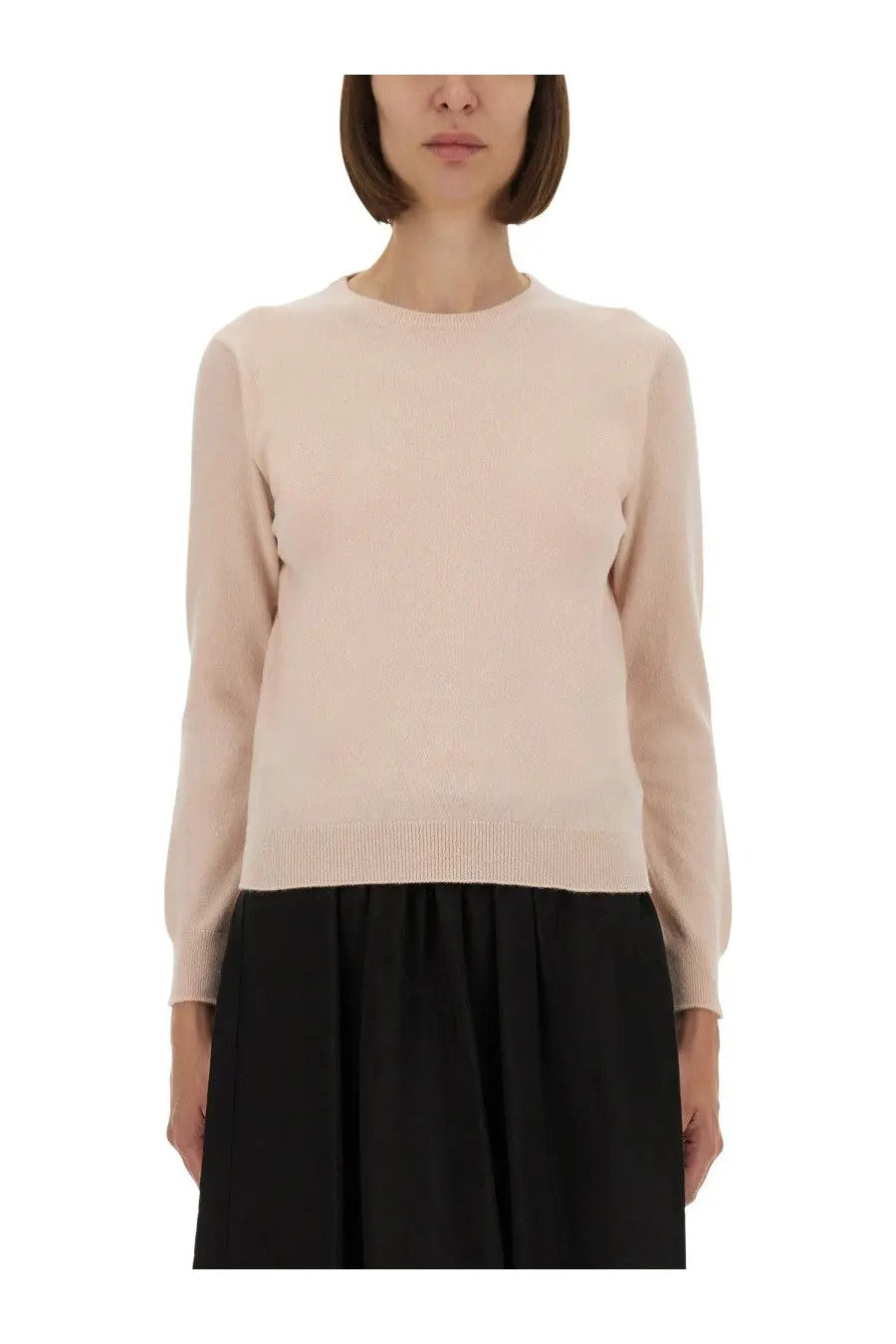 Maison Margiela women’s blush pink wool knit sweater with long sleeves crew neckline and ribbed cuffs