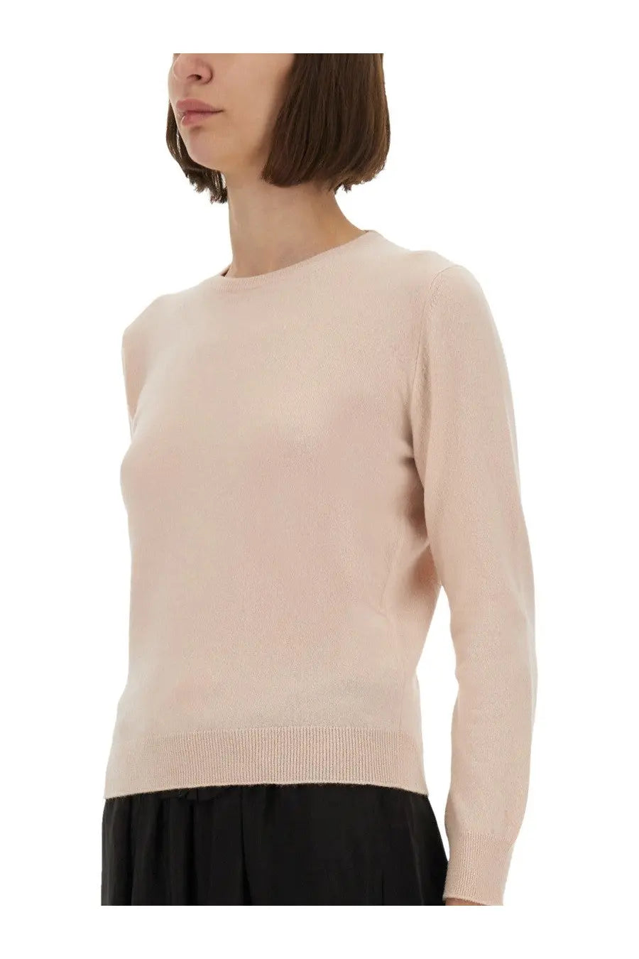 Maison Margiela women’s wool jersey blue features a soft blush pink long-sleeved knit sweater with round neckline