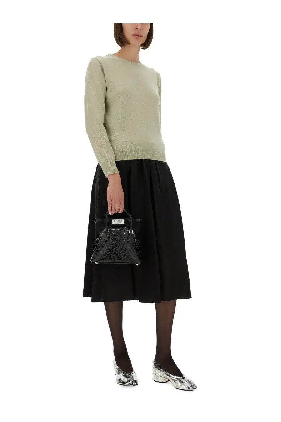 Black leather mini handbag with structured triangular shape and silver-tone hardware from maison margiela women’s wool jersey green collection