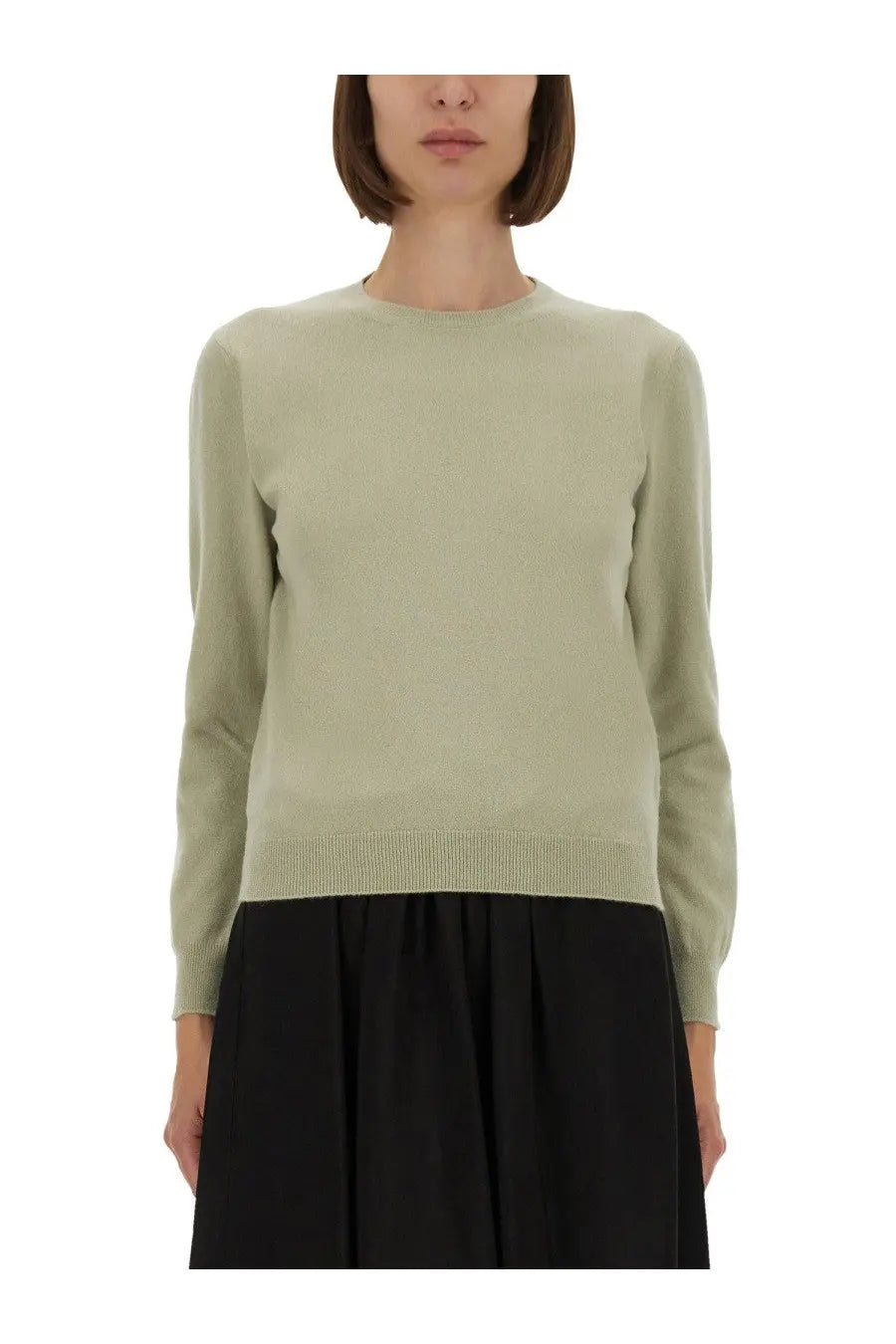 Maison Margiela women’s wool jersey green soft sage long-sleeved knit sweater with ribbed hem and cuffs