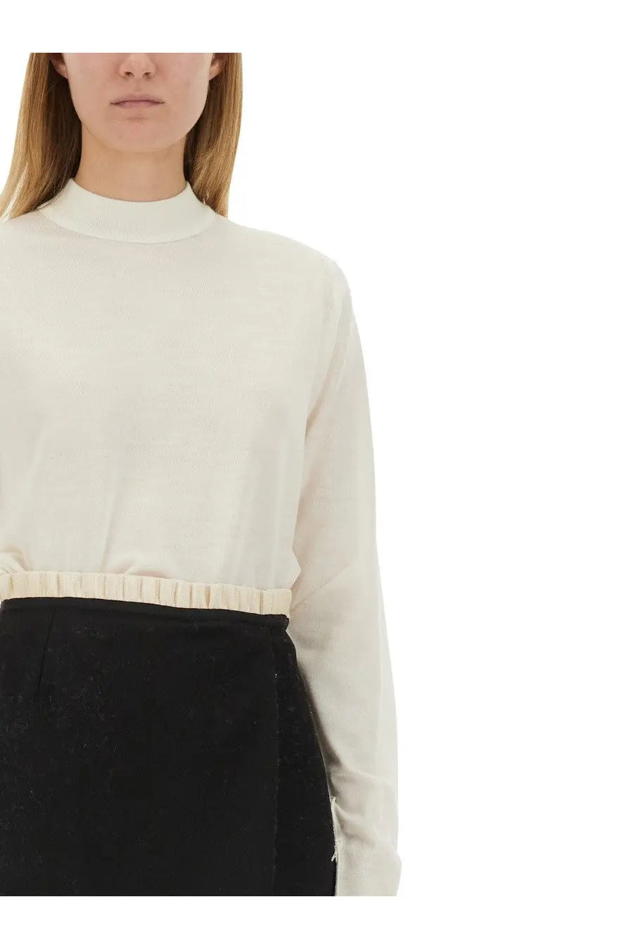 Maison Margiela women’s cream-colored wool jersey long-sleeved top with high neckline and ruched waistband
