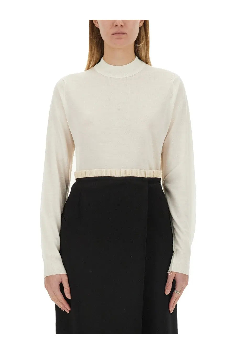 Maison Margiela women’s cream wool jersey long-sleeved turtleneck top with ruffled waistband detail