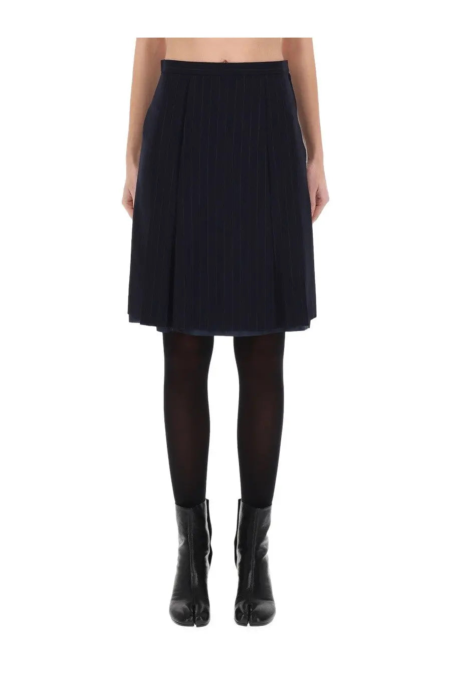 Navy blue wool pleated midi skirt by maison margiela for women in a stylish mid-length design