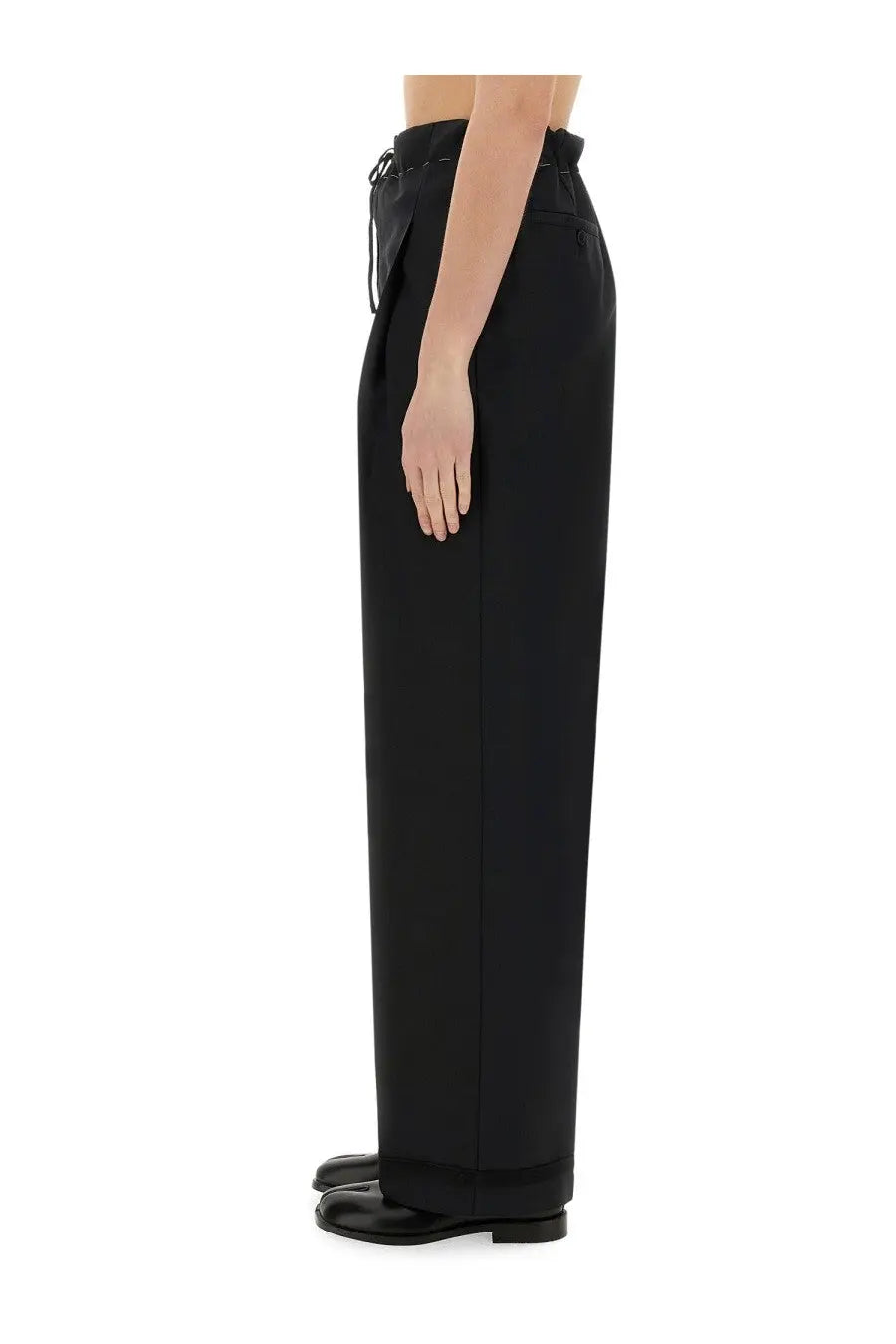 Maison margiela women’s black high-waisted wide-leg wool and mohair pants with drawstring waistband front view