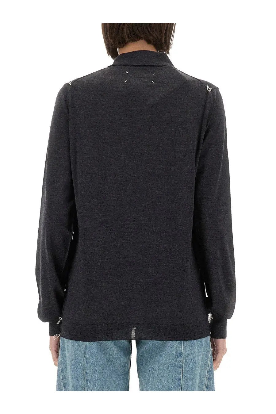 Maison Margiela women’s wool polo grey showing back with black long sleeves and distinctive white shoulder stitching