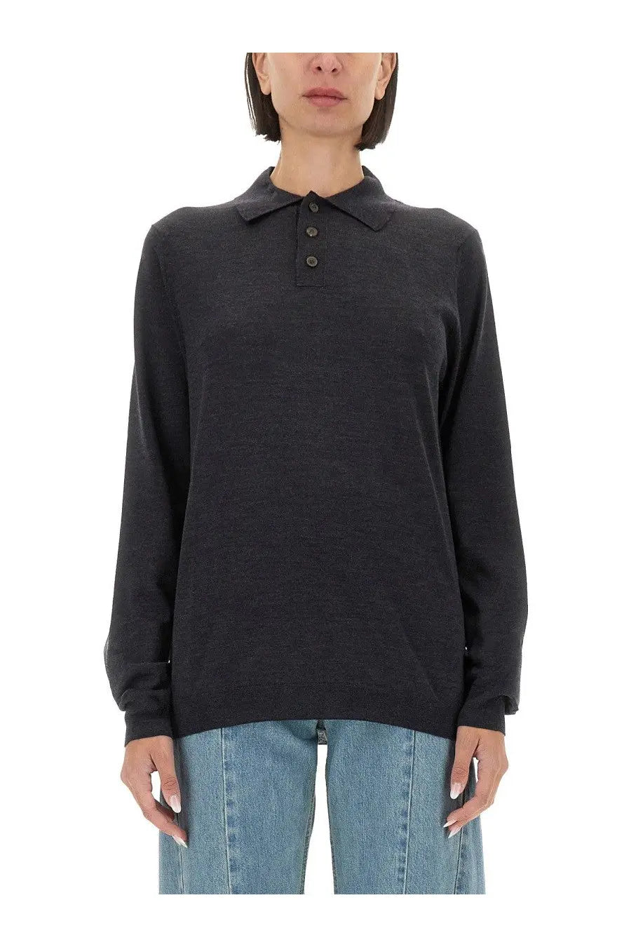 Maison Margiela women’s wool polo grey with black long sleeves heathered texture and three dark collar buttons