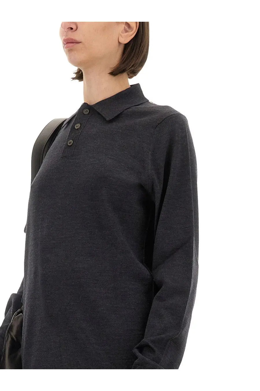 Maison Margiela women’s wool polo grey long-sleeved shirt with subtle heathered texture and three dark collar buttons