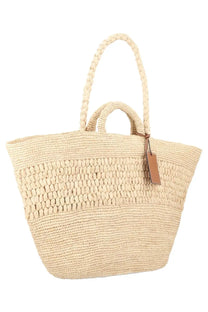 Beige woven straw tote bag with braided handles and leather tag from manebi womens borsa fiji beige