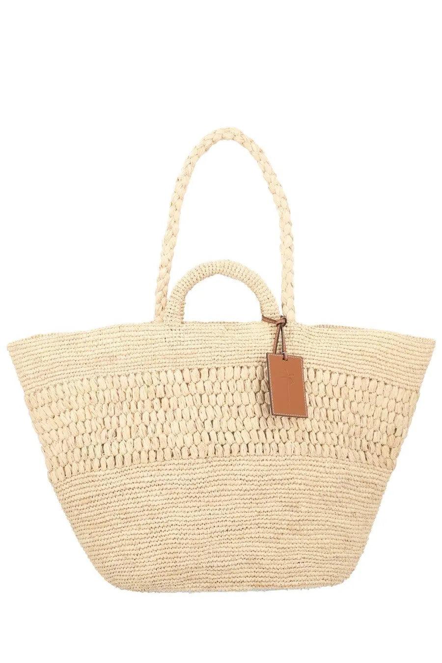 Beige woven straw tote bag with braided handles and leather tag manebi womens borsa fiji beige