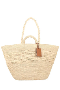 Manebi women’s borsa fiji beige woven straw tote bag with braided handles and leather tag