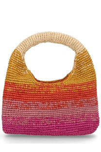 Manebi women’s borsa halfmoon multicolor handwoven straw tote bag with warm orange to pink gradient and circular handle